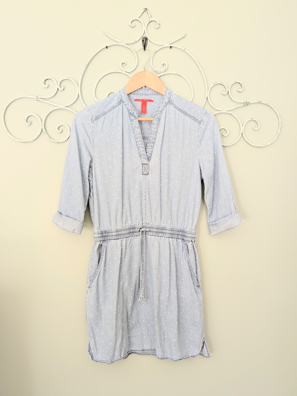 Light Blue Dot-Print Chambray Drawstring Dress